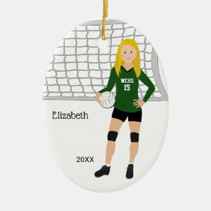 Volleyball Female Brunette Green & Black Ceramic Tree Decoration