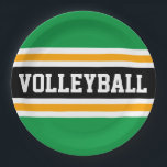 VOLLEYBALL Fun Bright Green Black Orange Stripes  Paper Plate<br><div class="desc">This sporty design features bold VOLLEYBALL text inside a wide black horizontal centre racing stripe highlighted with floating white and golden yellow orange racing stripes against bright green outer stripes.  The text can be personalised.</div>