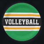 VOLLEYBALL Fun Bright Green Black Yellow Stripes  Paper Plate<br><div class="desc">This sporty design features bold VOLLEYBALL text inside a wide black horizontal centre racing stripe highlighted with floating white and golden yellow stripes against bright green outer stripes.  The text can be personalised.</div>