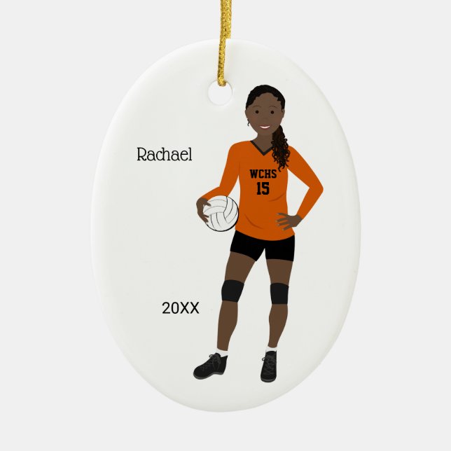 Volleyball Girl Black Hair Orange & Black Ceramic Tree Decoration (Front)
