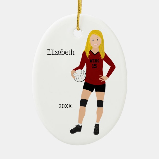 Volleyball Girl Blonde Red & Black Ceramic Tree Decoration (Front)