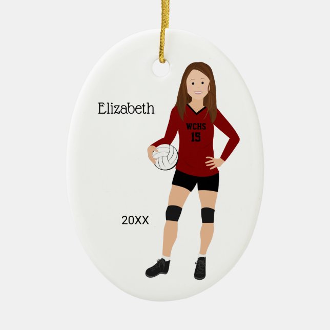 Volleyball Girl Brunette Red & Black Ceramic Tree Decoration (Front)
