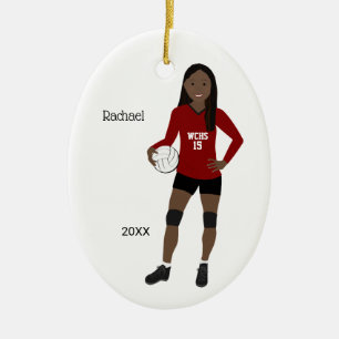 Volleyball Girl Long Black Hair Red & Black Ceramic Tree Decoration