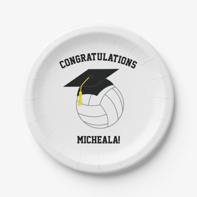 Volleyball Graduation Sports Black White Paper Plate (Front)