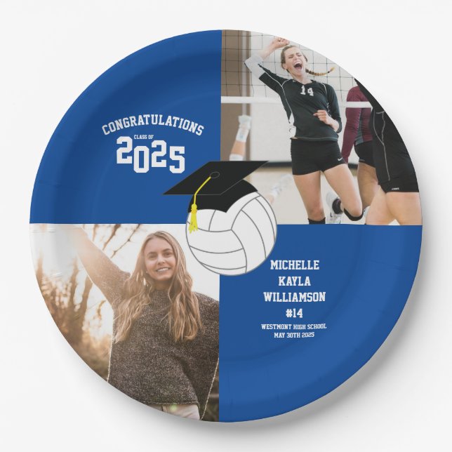 Volleyball Graduation Sports Blue Paper Plate (Front)