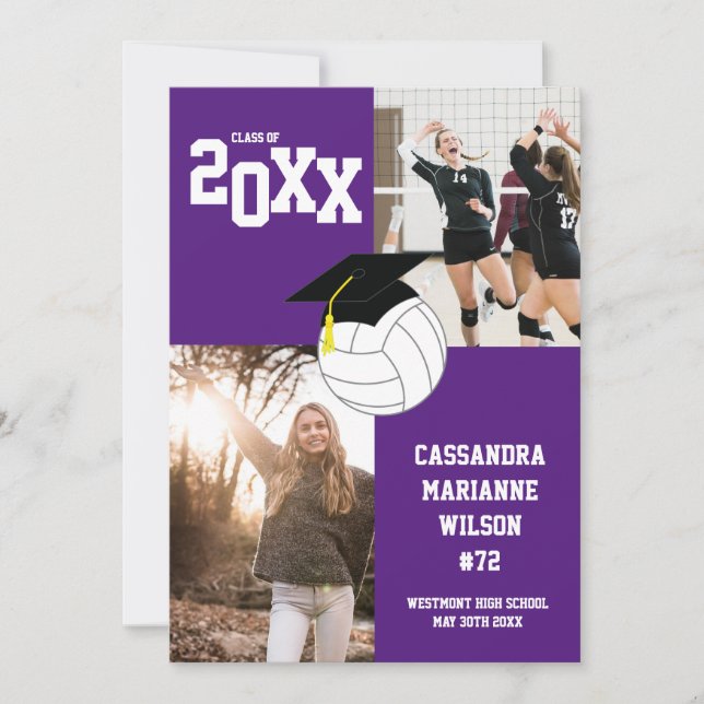 Volleyball Graduation Sports Purple Announcement (Front)