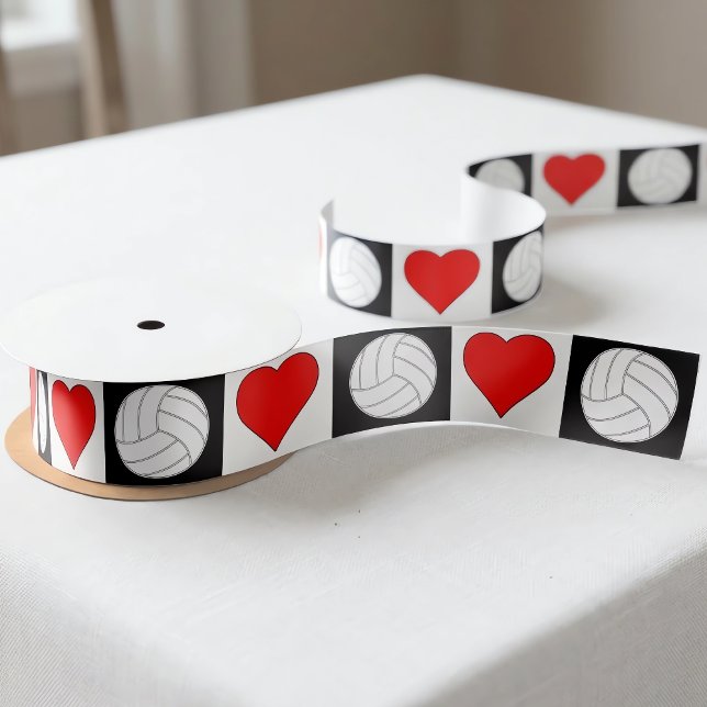 Volleyball Heart Black White Red Chequered Pattern Satin Ribbon (Cute volleyball ribbon with heart and volleyball pattern. Great for gift wrapping.)