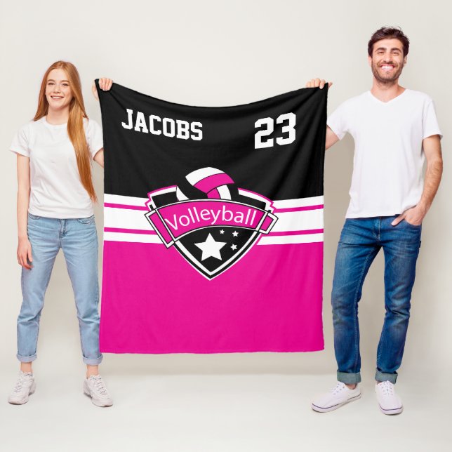 Volleyball Logo in Hot Pink, White & Black Fleece Blanket (In Situ)