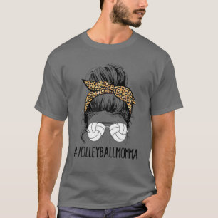 Volleyball Momma Life Messy Bun Hair Leopard Mothe T-Shirt