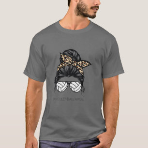Volleyball Mum Leopard Ball Messy Hair Bun Mother' T-Shirt