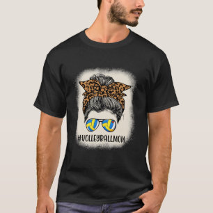 Volleyball Mum Messy Hair Bun Leopard Women Mother T-Shirt