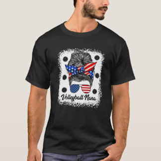Volleyball Nana Messy Bun USA Flag Glasses 4th of  T-Shirt
