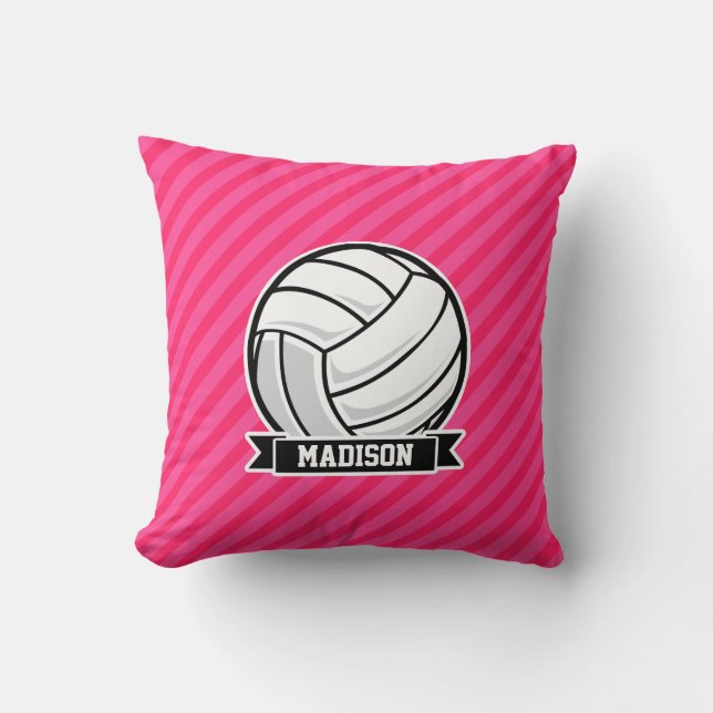 Volleyball on Neon Pink Stripes Cushion (Front)