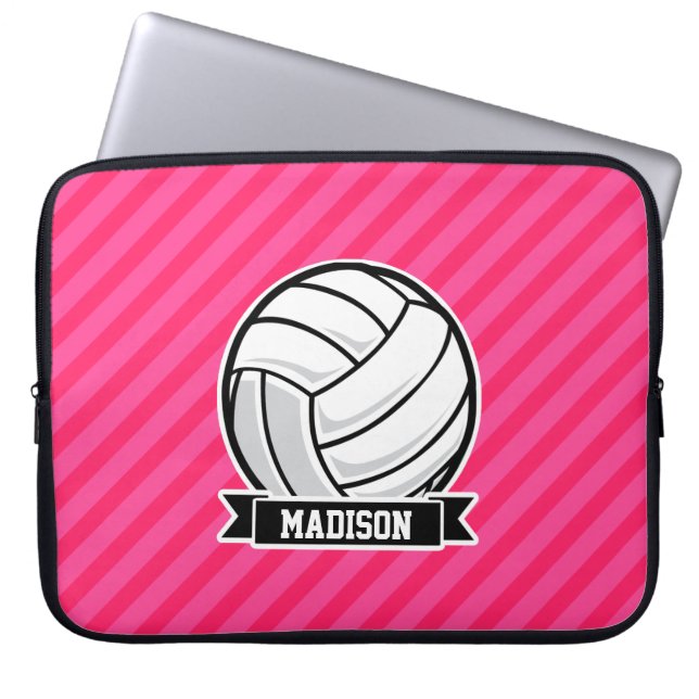 Volleyball on Neon Pink Stripes Laptop Sleeve (Front)