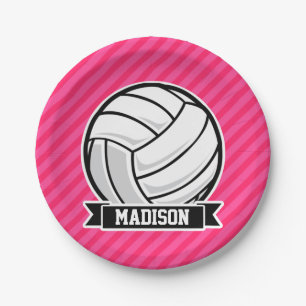 Volleyball on Neon Pink Stripes Paper Plate