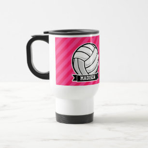 Volleyball on Neon Pink Stripes Travel Mug