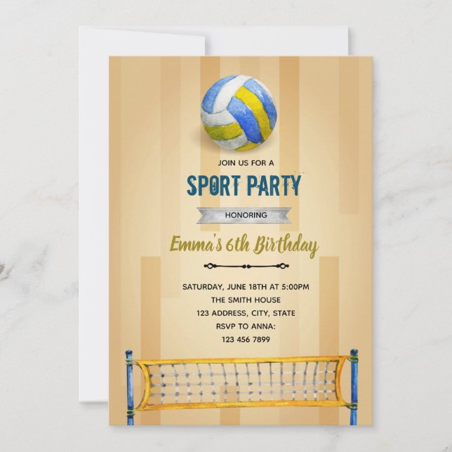 Volleyball party birthday theme invitation (Front)