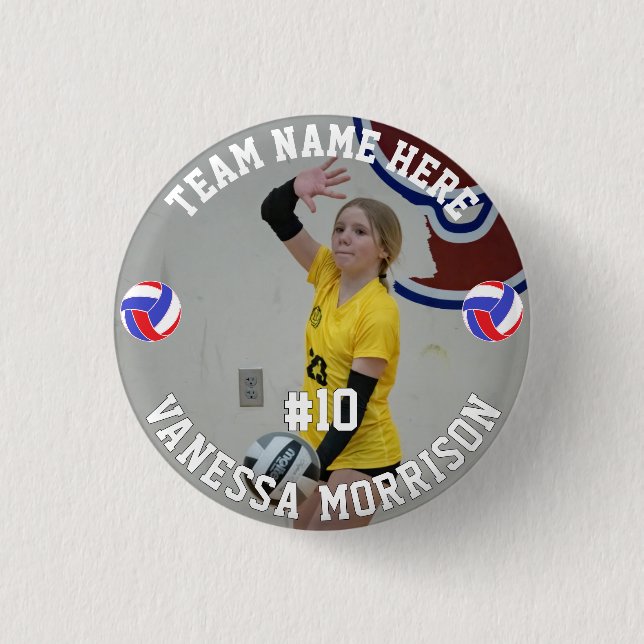 Volleyball Player Add Name Number Team and Photo 3 Cm Round Badge (Front)