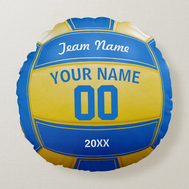 Volleyball Player's Name Year Team Blue and Yellow Round Cushion (Front)