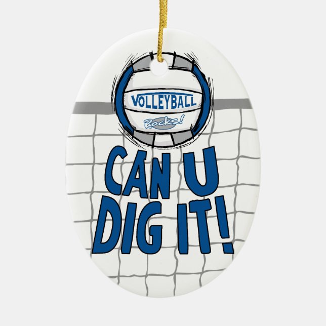 Volleyball Rocks Blue and Silver Ceramic Tree Decoration (Front)