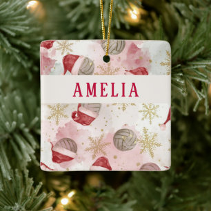 Volleyball Santa Hat Name Christmas   Ceramic Ornament