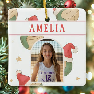 Volleyball Santa Hat Name Photo Christmas   Ceramic Ornament