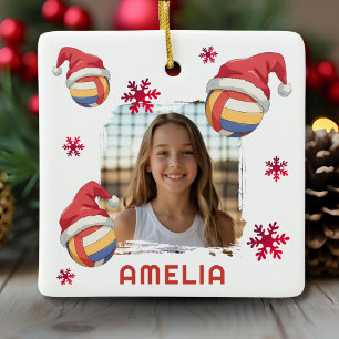 Volleyball Santa Hat Name Photo Christmas  Ceramic Ornament