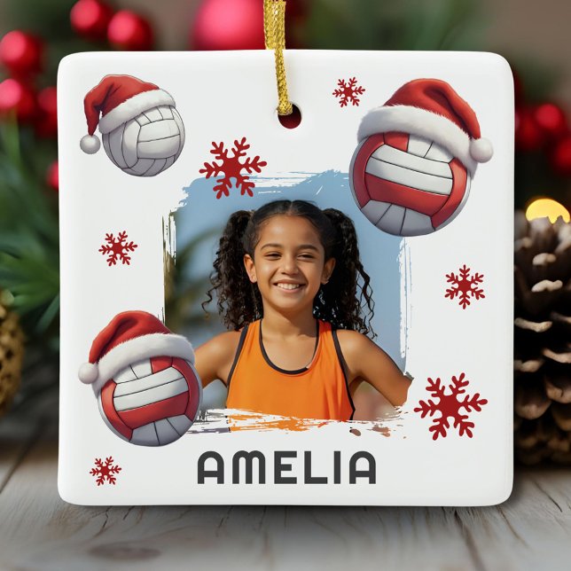 Volleyball Santa Hat Name Photo Christmas  Ceramic Ornament (Creator Uploaded)