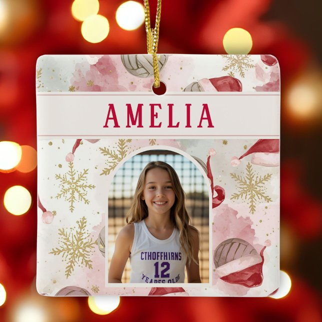 Volleyball Santa Hat Name Photo Christmas   Ceramic Ornament (Creator Uploaded)