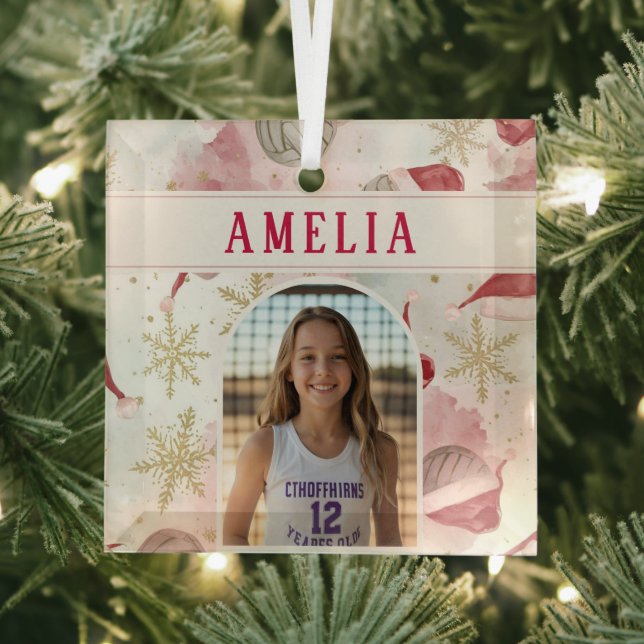 Volleyball Santa Hat Name Photo Christmas   Glass Tree Decoration (Insitu)