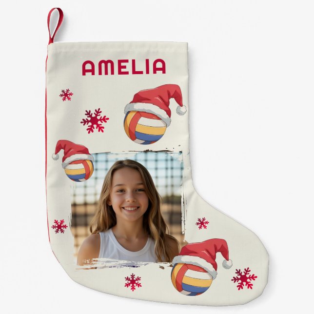 Volleyball Santa Hat Name Photo Christmas  Small Christmas Stocking (Front)