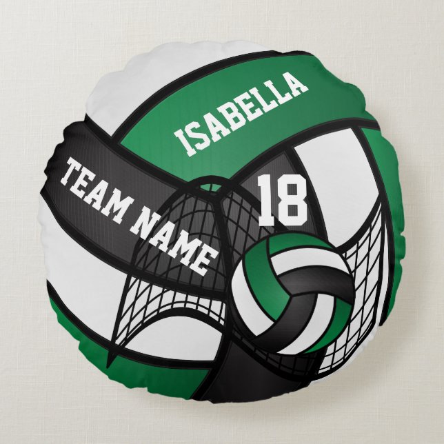  Volleyball 🏐 Sport- Green, White & Black  Round Cushion (Front)