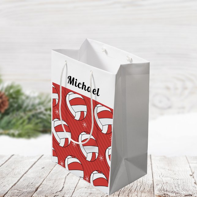 Volleyball Striped Festive Ball Snow Boys Name Red Medium Gift Bag (Creator Uploaded)