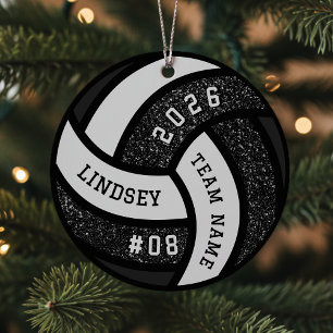 Volleyball Team Player Black Glitter Christmas Metal Tree Decoration