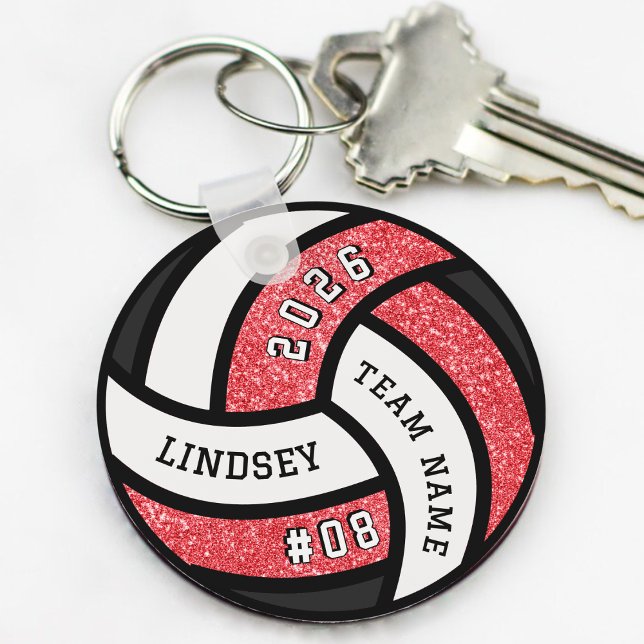 Volleyball Team Player Red Glitter Key Ring (Volleyball Team Player Glitter Keychain)