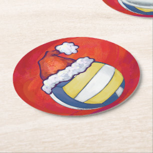 Volleyball with Christmas Hat Round Paper Coaster