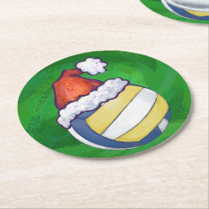 Volleyball with Christmas Hat Round Paper Coaster
