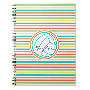 Volleyball with Name; Bright Rainbow Stripes Notebook