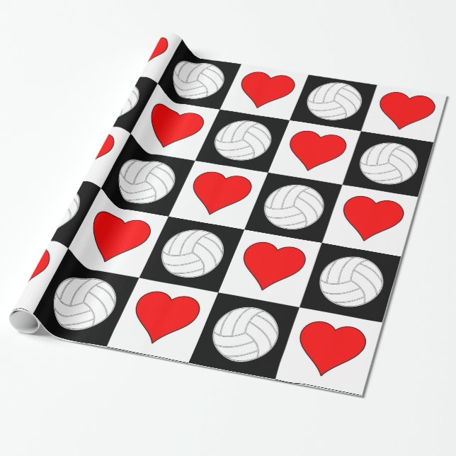 Volleyballs and Hearts Black & White Chequered Wrapping Paper (Unrolled)