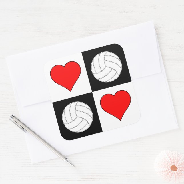 Volleyballs & Hearts Chequered Pattern Cute Sports Square Sticker (Envelope)
