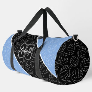 volleyballs line art on bold light blue black duffle bag