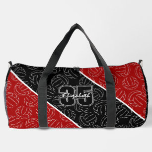 volleyballs line art on bold red black duffle bag
