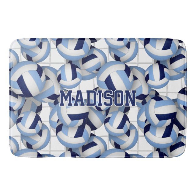 Volleyballs pattern w net bkgrd navy lt blue bath mat (Front)