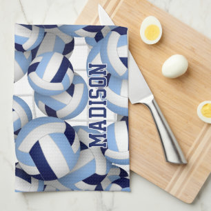 Volleyballs pattern w net bkgrd navy lt blue tea towel