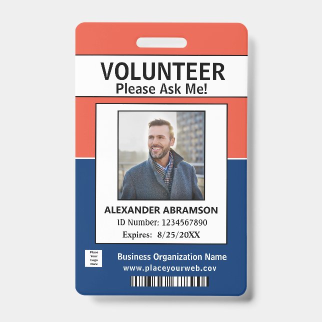 Volunteer ID Card Modern Ask Me Logo Custom Badge (Front)