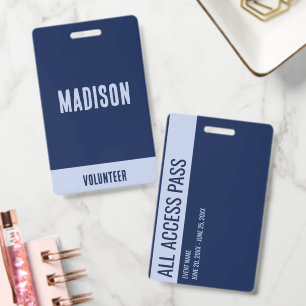 Volunteer Name All Access Pass Event navy blue ID Badge