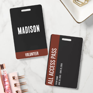 Volunteer Name All Access Pass Event red & black ID Badge