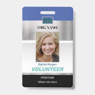 Volunteer, Photo Name Logo Info, Silver Blue Black ID Badge