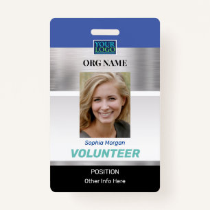 Volunteer, Photo Name Logo Info, Silver Blue Black ID Badge