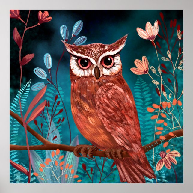 Vom Künstler handillustrierte Eule – Boho Natur Poster (Front)